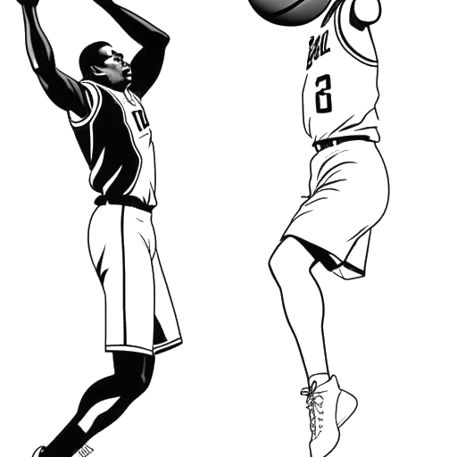 Lijnkunsttekening van een honkbalspeler die een bal werpt, met naast hem een basketbalspeler die een basketbal vasthoudt, wat Michael Jordans overgang van honkbal naar basketbal vertegenwoordigt.