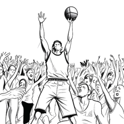 Desenho em arte linear de um jovem determinado, representando Michael Jordan, vestindo um uniforme de basquete e shorts, praticando intensamente basquete em uma quadra, com multidões aplaudindo ao fundo.