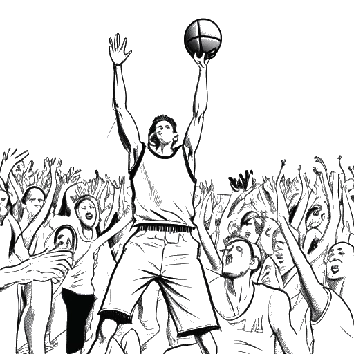 Lijnkunsttekening van een vastberaden jongeman, die Michael Jordan voorstelt, gekleed in een basketbalshirt en shorts, intensief basketbal beoefenend op een veld met juichende menigten op de achtergrond.