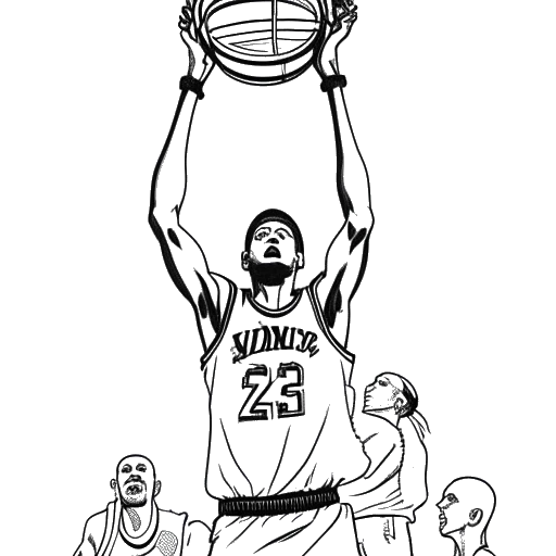 Line art drawing of a triumphant basketball player, representing Michael Jordan, holding the Larry O'Brien NBA Championship Trophy above his head, surrounded by the iconic Air Jordan shoes.