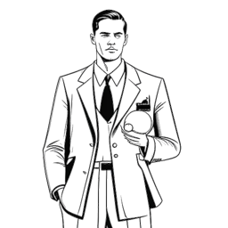 Dibujo de arte lineal de un hombre elegante, que representa a Michael Jordan, con un traje, sosteniendo un cigarro en una mano y un palo de golf en la otra, con una cancha de baloncesto en el fondo.