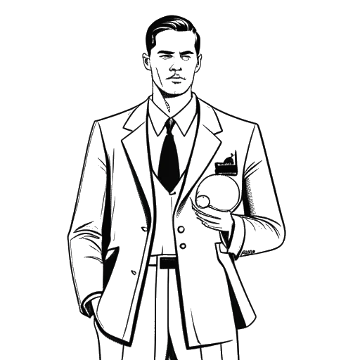 Line art drawing of a stylish man, representing Michael Jordan, in a suit, holding a cigar in one hand and a golf club in the other, with a basketball court in the background.