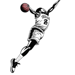 Line art drawing of a dominating basketball player, representing Michael Jordan, soaring through the air for a slam dunk, with the Chicago Bulls logo prominently displayed on his jersey.