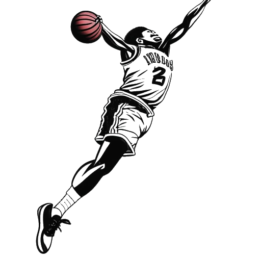 Strichzeichnung eines dominierenden Basketballspielers, der Michael Jordan darstellt, der durch die Luft zu einem Dunk fliegt, mit dem prominent auf seinem Trikot abgebildeten Logo der Chicago Bulls.