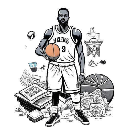 Lijntekening van een man die Michael Jordan vertegenwoordigt. Hij wordt afgebeeld in een basketbalshirt, met een basketbal in de hand, naast een stapel geldzakken. De achtergrond toont zijn iconische schoenen, een logo van de Charlotte Hornets en andere symbolen die zijn ondernemingsactiviteiten vertegenwoordigen, allemaal tegen een witte achtergrond.