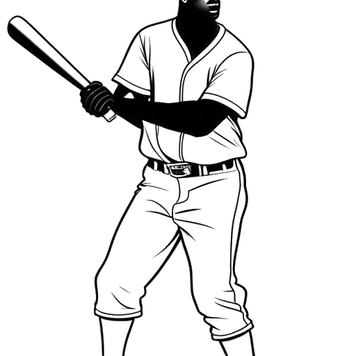 Desenho de arte de um homem, representando Michael Jordan, segurando um taco de beisebol e vestindo um uniforme de beisebol