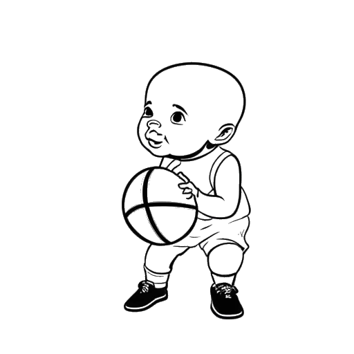 Line art drawing of a baby holding a basketball, representing Michael Jordan