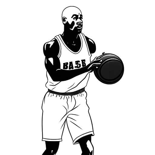 Dibujo en línea de un hombre, representando a Michael Jordan, sosteniendo un balón de baloncesto y el número 69