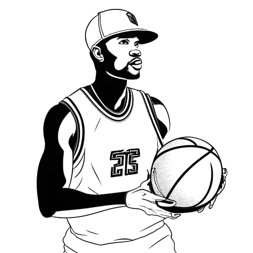 Dibujo en línea de un hombre, representando a Michael Jordan, sosteniendo un balón de baloncesto y vistiendo una gorra de los Charlotte Hornets