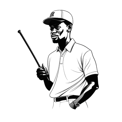 Line art drawing of a man, representing Michael Jordan, holding a golf club and a cigar