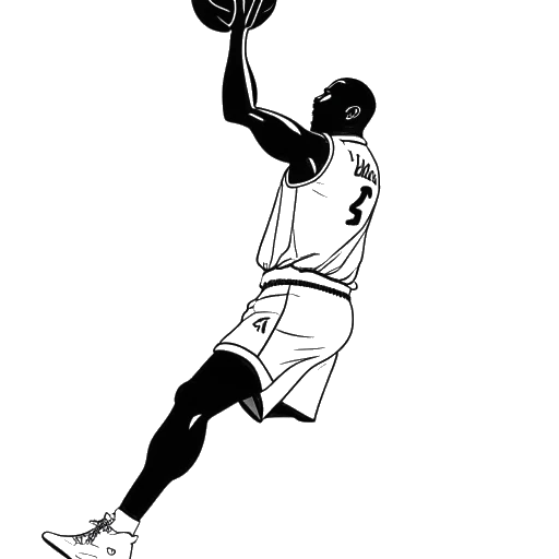 Line art drawing of a man, representing Michael Jordan, blocking a shot in a basketball game