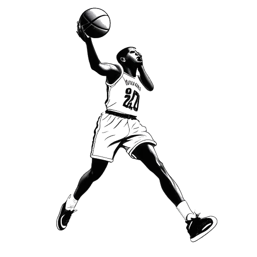 Line art drawing of a young man, representing Michael Jordan, jumping and making a basketball shot