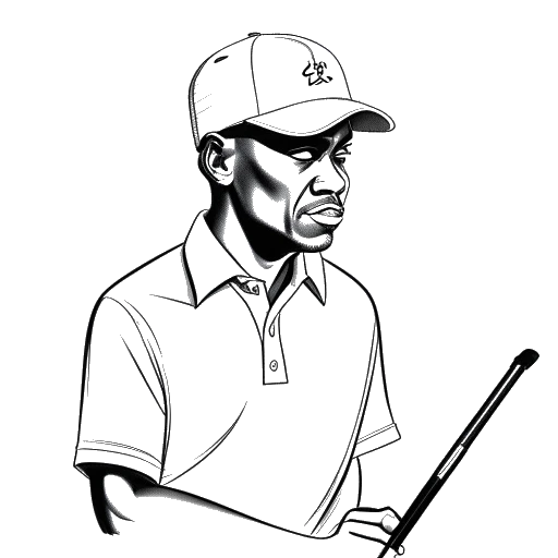 Desenho de arte de um homem, representando Michael Jordan, parecendo desapontado com um taco de golfe e um grande cheque