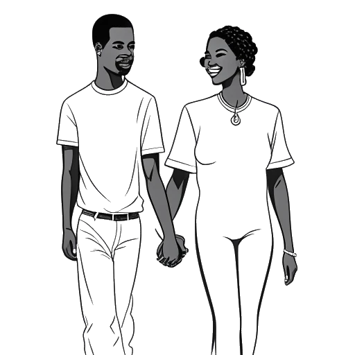 Dibujo en línea de un hombre y una mujer, representando a Michael Jordan y Juanita Vanoy, tomados de la mano