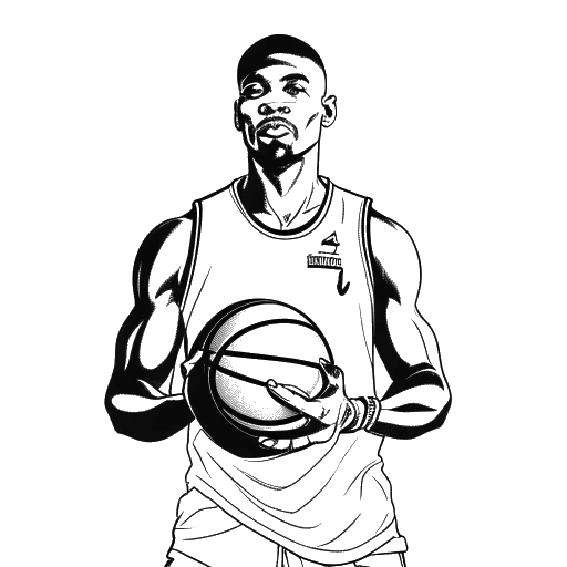 Dibujo en línea de un hombre, representando a Michael Jordan, sosteniendo un balón de baloncesto y múltiples anillos de campeón