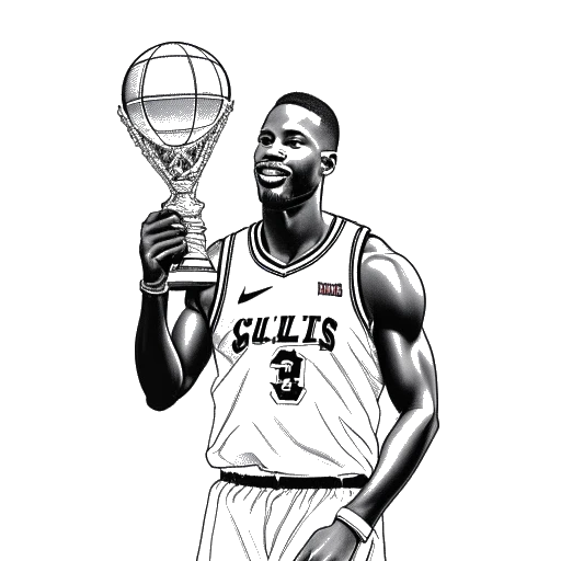 Desenho de arte de linha de um jovem, representando Michael Jordan, em um uniforme dos Chicago Bulls segurando um troféu