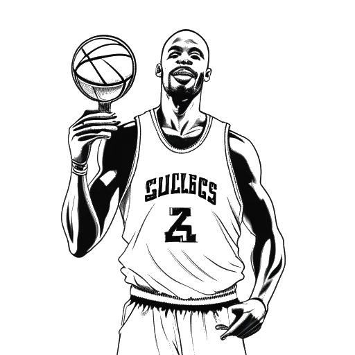 Desenho de arte de um homem, representando Michael Jordan, segurando uma bola de basquete e vários troféus
