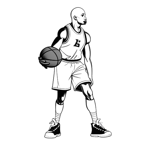Line art drawing of a man, representing Michael Jordan, holding a basketball and a pair of shoes