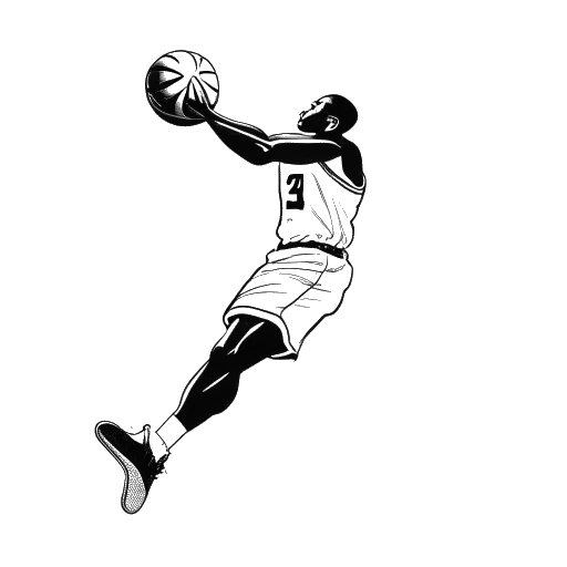Line art drawing of a man, representing Michael Jordan, dunking a basketball
