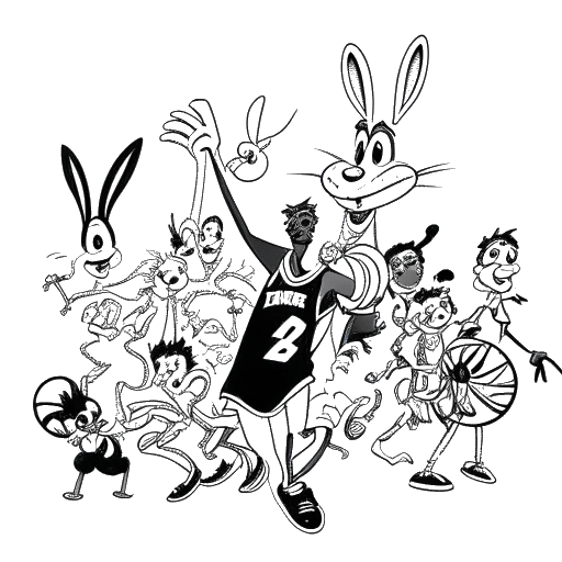 Line art drawing of a man, representing Michael Jordan, playing basketball with Bugs Bunny and other Looney Tunes characters