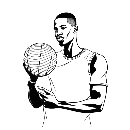 Line art drawing of a young man, representing Michael Jordan, holding a basketball and a globe
