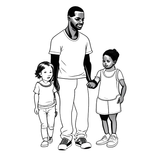 Line art drawing of a man and a woman, representing Michael Jordan and Yvette Prieto, holding hands with two baby girls