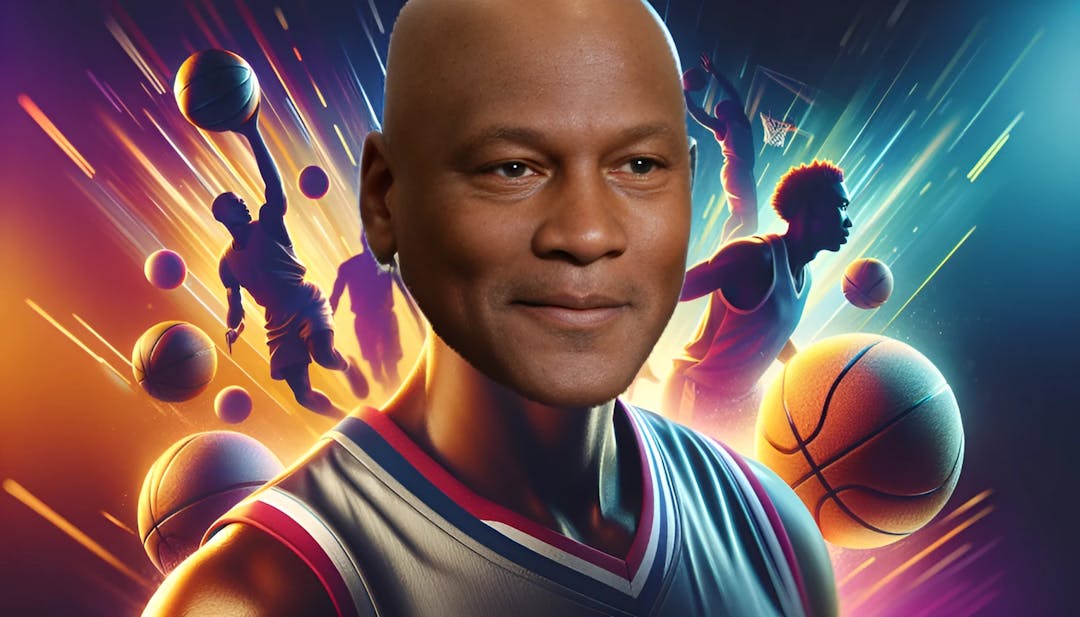 Michael Jordan, the basketball legend, in a captivating video thumbnail. He is bald, with a medium to dark complexion, wearing a classic basketball jersey. The vibrant and energetic background highlights his basketball career, and he looks directly at the camera with confidence and determination.