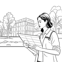 Dibujo en arte lineal de una mujer, representando a Bianca Censori, analizando minuciosamente planos arquitectónicos en un animado campus universitario, en un fondo blanco.