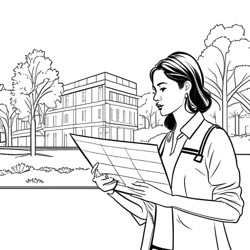 Line art drawing of a woman, representing Bianca Censori, meticulously analyzing architectural blueprints in a vibrant university campus, against a white backdrop.