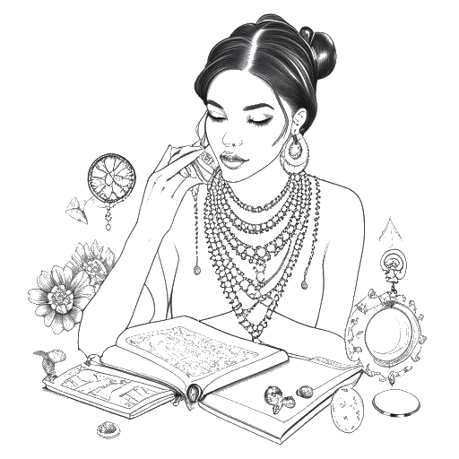 Line art drawing of a woman, representing Bianca Censori, fervently working on a sketchbook with an array of intricate jewelry pieces beside her, against a white backdrop.