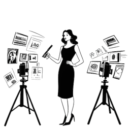 Desenho artístico de uma mulher, representando Bianca Censori, em pé elegantemente sob um holofote, com manchetes e flashes de câmera surgindo de várias direções, em um fundo branco.