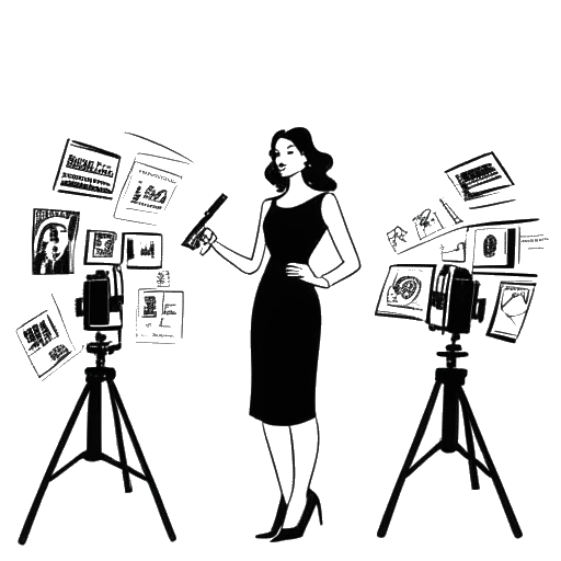 Line art drawing of a woman, representing Bianca Censori, standing gracefully under a spotlight, with headlines and camera flashes emerging from various directions, against a white backdrop.