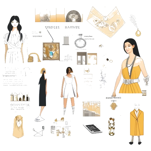 Une représentation illustrative des sources de revenus d'une femme dans l'architecture et le design, comprenant des plans architecturaux, des croquis de bijoux et des éléments de design de mode symbolisant les différents flux de revenus de Bianca Censori.