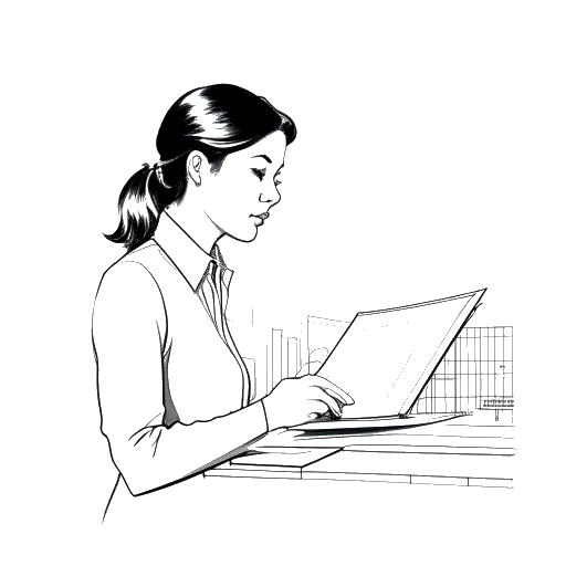 Line art drawing of a woman, representing Bianca Censori, reviewing architectural plans