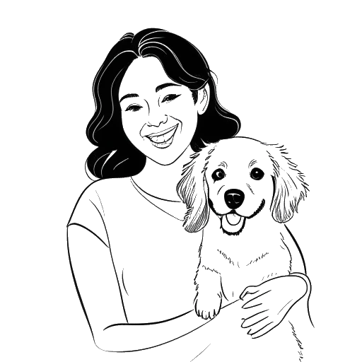 Desenho de arte de linha de uma mulher segurando um cachorro e sorrindo, representando Bianca Censori