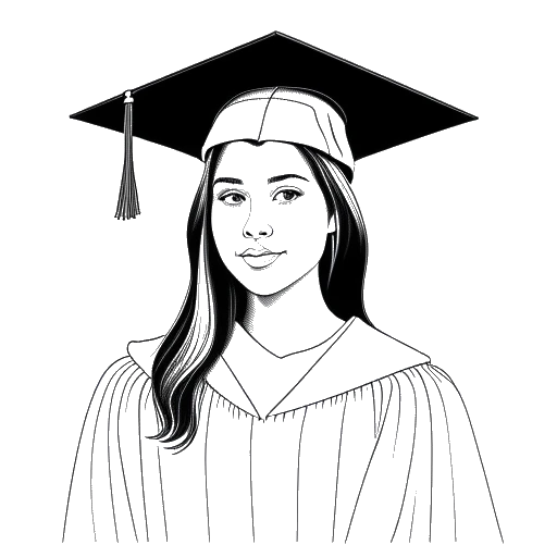 Desenho de arte de linha de uma mulher em traje de formatura, segurando um diploma de arquitetura, representando Bianca Censori