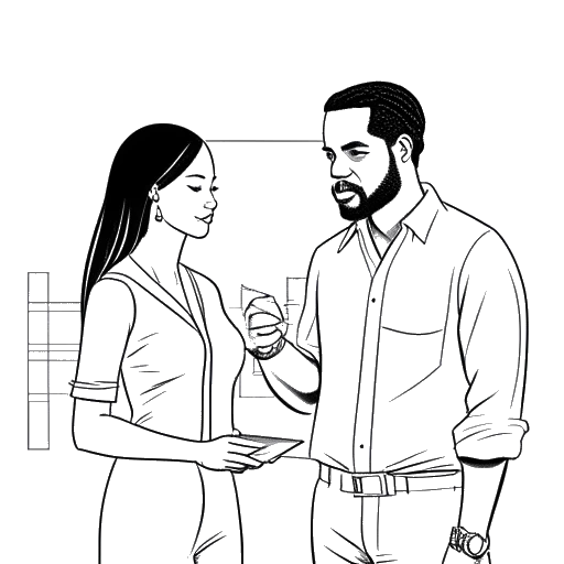 Desenho de arte de linha de uma mulher apresentando projetos arquitetônicos a um homem, representando Bianca Censori e Kanye West