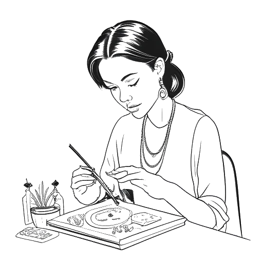 Dibujo de arte lineal de una joven mujer, representando a Bianca Censori, diseñando joyas