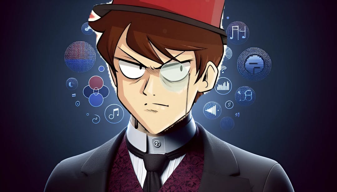 The Right Opinion's character in a sophisticated pose with a top hat and monocle, embodying intellect and critique, set against a backdrop of political symbols and musical notes in rich blue and deep burgundy hues.