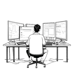Disegno in arte lineare di Dillon The Hacker, un uomo seduto di fronte a un computer con monitor multipli e cavi, circondato da codici legati all'hacking che scorrono sugli schermi.