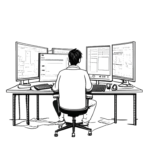 Dibujo de línea de Dillon The Hacker, un hombre sentado frente a una computadora con múltiples monitores y cables, rodeado de código relacionado con hackers que se desplaza en las pantallas.
