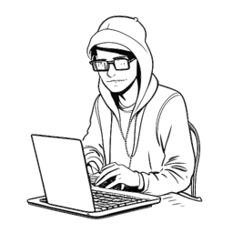 Lijnkunsttekening van Dillon De Hacker, een man die hacker-themakleding draagt, een computerkeyboard vasthoudt en een ondeugende uitdrukking op zijn gezicht heeft.