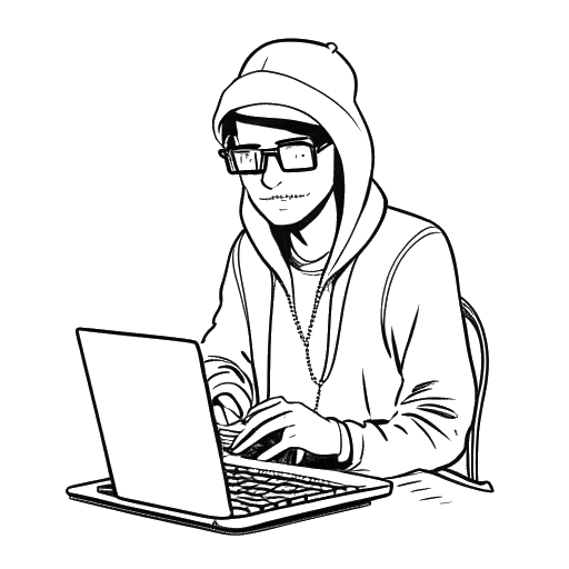 Lijnkunsttekening van Dillon De Hacker, een man die hacker-themakleding draagt, een computerkeyboard vasthoudt en een ondeugende uitdrukking op zijn gezicht heeft.