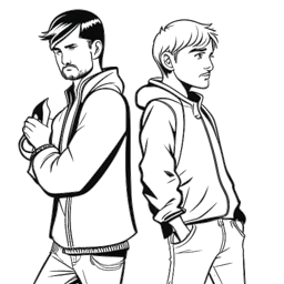 Dibujo de línea de Dillon The Hacker y PewDiePie, dos hombres parados espalda con espalda con expresiones y gestos exagerados.