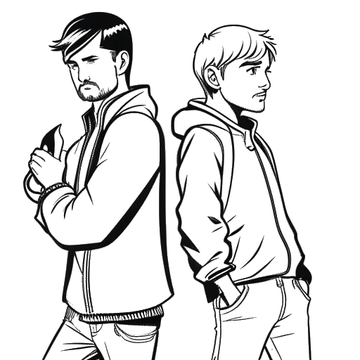 Line art drawing of Dillon The Hacker and PewDiePie, two men standing back-to-back with exaggerated expressions and gestures.