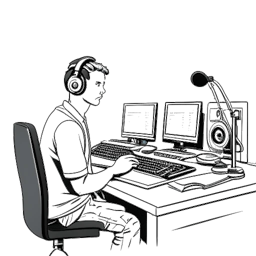 Desenho de arte linear de Dillon The Hacker, um homem com fones de ouvido, sentado atrás de um microfone em um estúdio de podcast, cercado por painéis acústicos e equipamentos de gravação.