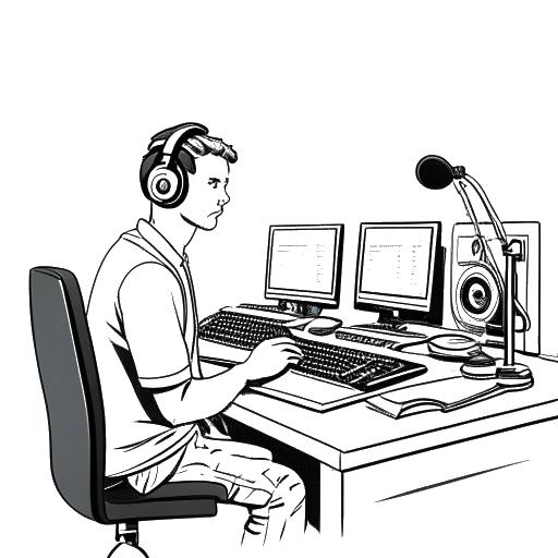 Line art drawing of Dillon The Hacker, a man with headphones, sitting behind a microphone in a podcast studio, surrounded by soundproofing panels and recording equipment.