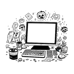 Dibujo de línea de una pantalla de computadora con las palabras 'DEP Dillon The Hacker' mostradas, rodeadas de lágrimas virtuales y homenajes.