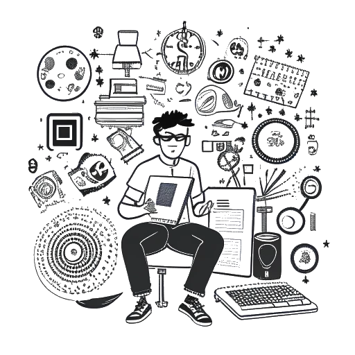Line art drawing of a man representing Dillon The Hacker with a laptop in one hand and a guitar in the other. He is surrounded by symbols of hacking and satire, dollar signs, and investment charts against a white background.