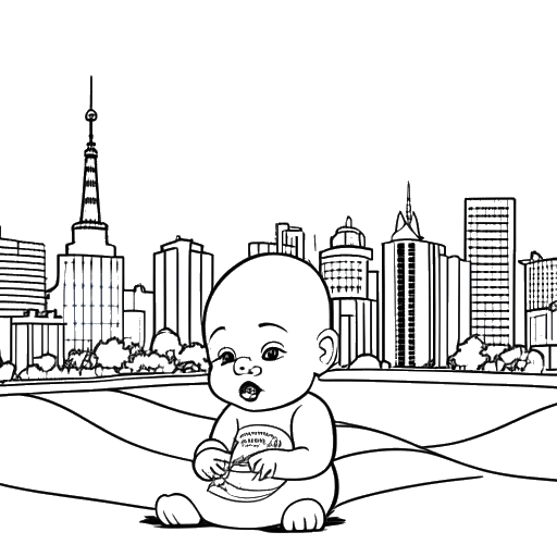 Line art drawing of a baby, representing Dillon The Hacker, with a birth certificate, a city skyline showing Covington, Louisiana and the number 1998 in the background.